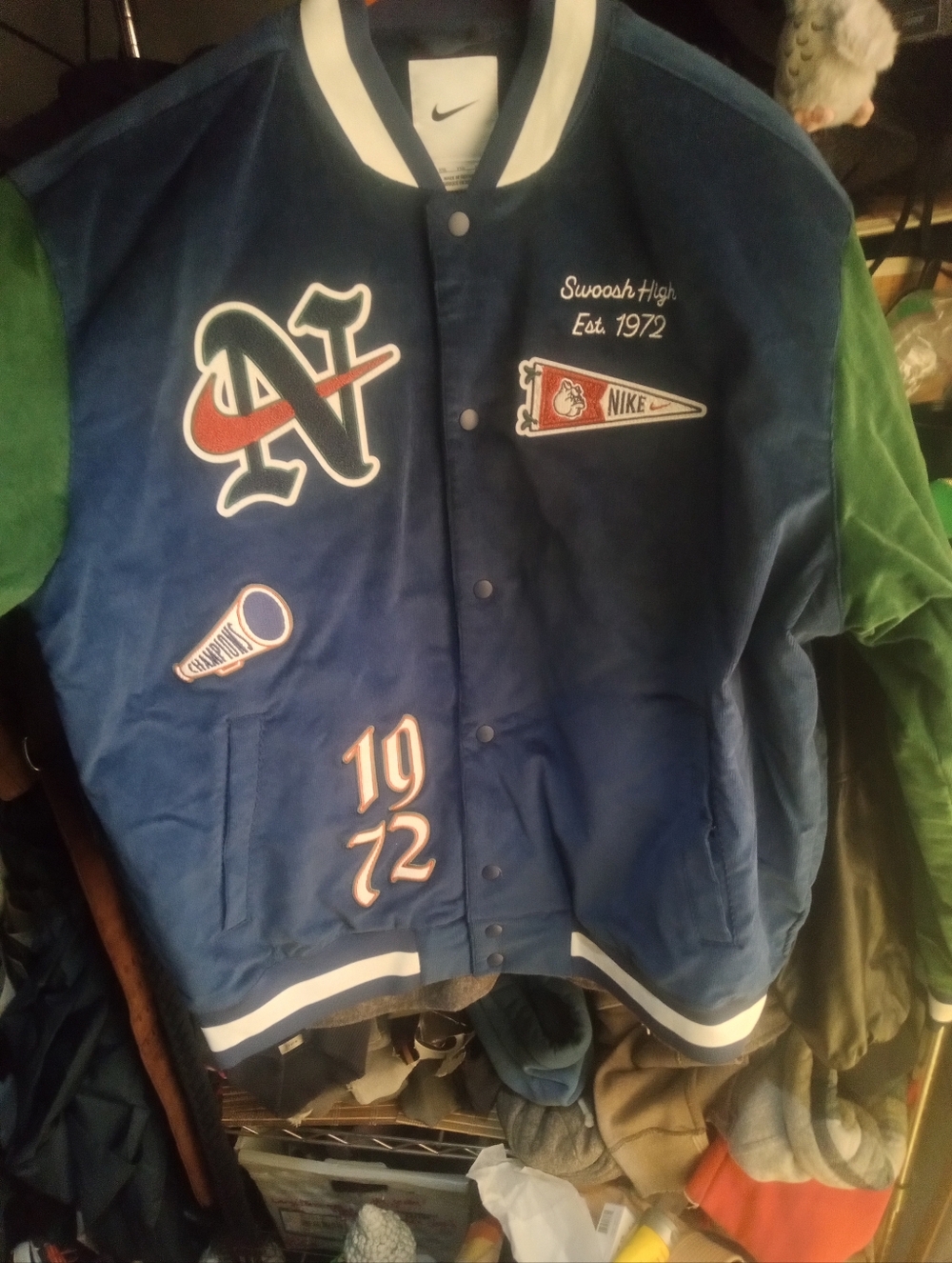 Brand New XXL  Nike Navy Blue & Forest Green Letterman Jacket with Patches